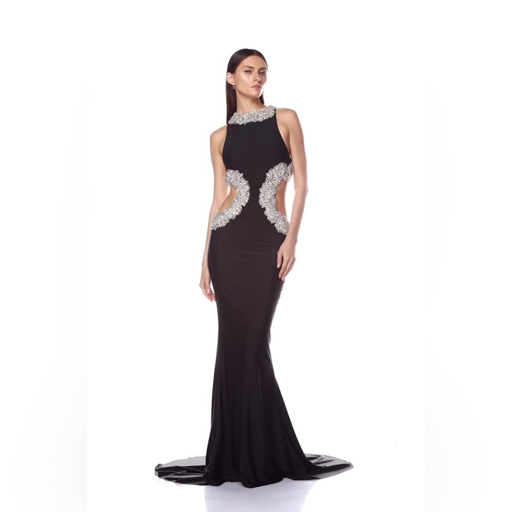 NWOT BRONX AND BANCO Camila Black Rhinestone Cutout Gown - Picture 3 of 15
